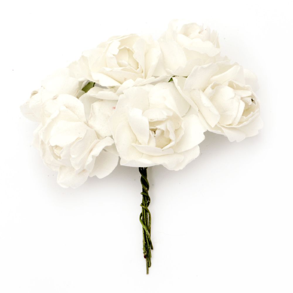 Bouquet of paper curly Roses with wire stems for decoration 25x70 mm white - 6 pieces