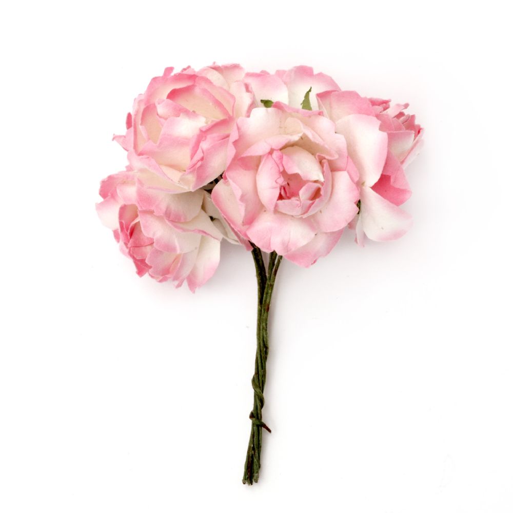 Bouquet of paper curly Roses with wire stems for decoration 25x70 mm white and pink - 6 pieces