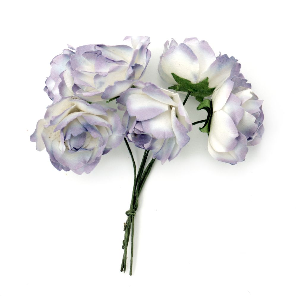 Bouquet of paper curly Roses with wire stems for decoration 25x70 mm white and purple - 6 pieces