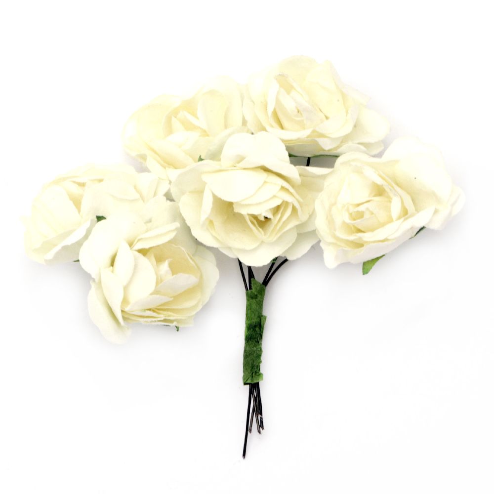Bouquet of paper curly Roses with wire stems for decoration 35x80 mm champagne - 6 pieces