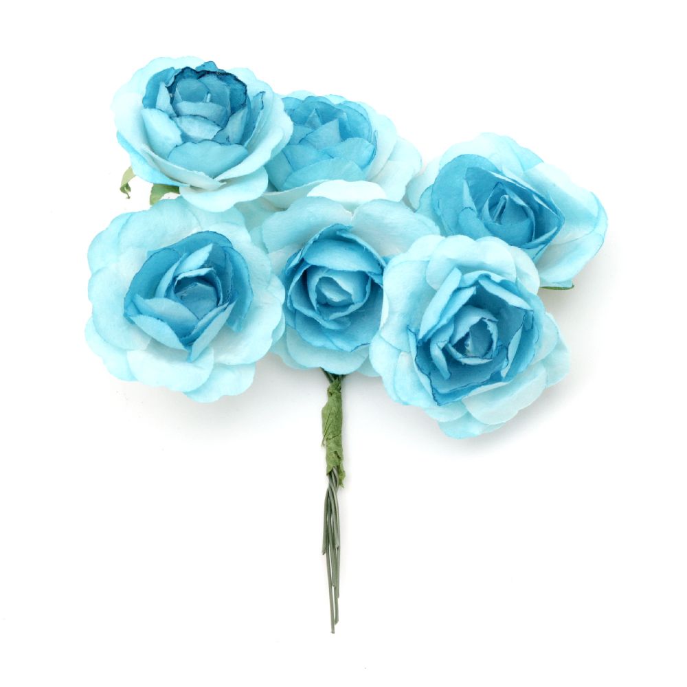 Bouquet of paper curly Roses with wire stems for decoration 35x80 mm blue - 6 pieces