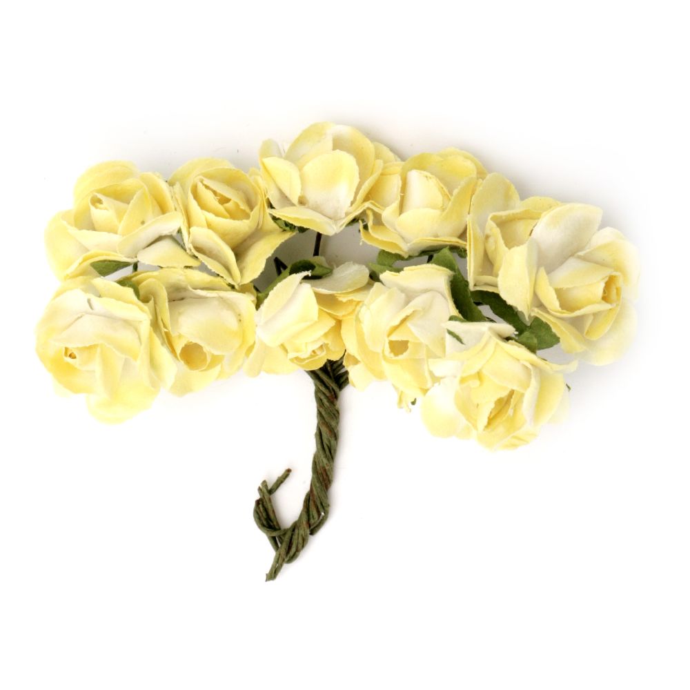 Bouquet of paper Roses with wire stems 18x70 mm color white and yellow - 12 pieces