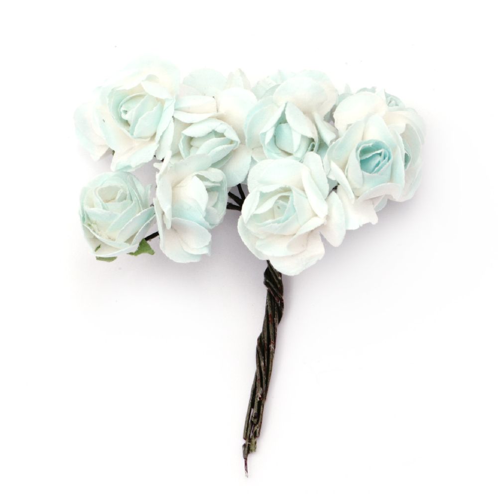 Rose bouquet of paper and wire 18x70 mm white and light blue -12 pieces