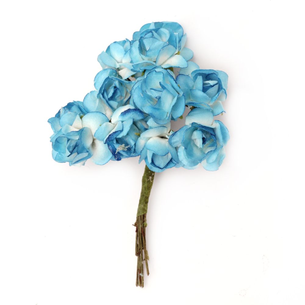 Bouquet of paper Roses with wire stems 18x70 mm color white and blue - 12 pieces