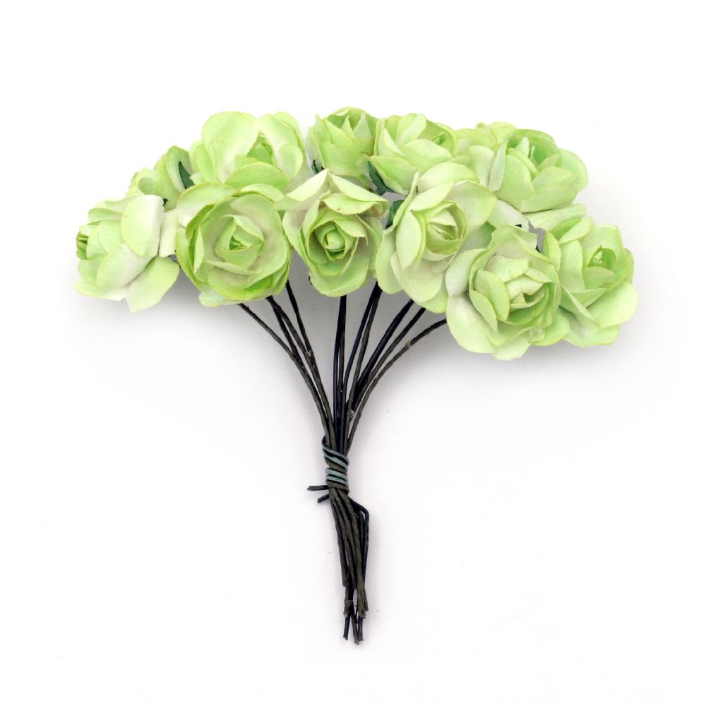 Bouquet of paper Roses with wire stems for decoration 20x70 mm green light and white - 12 pieces