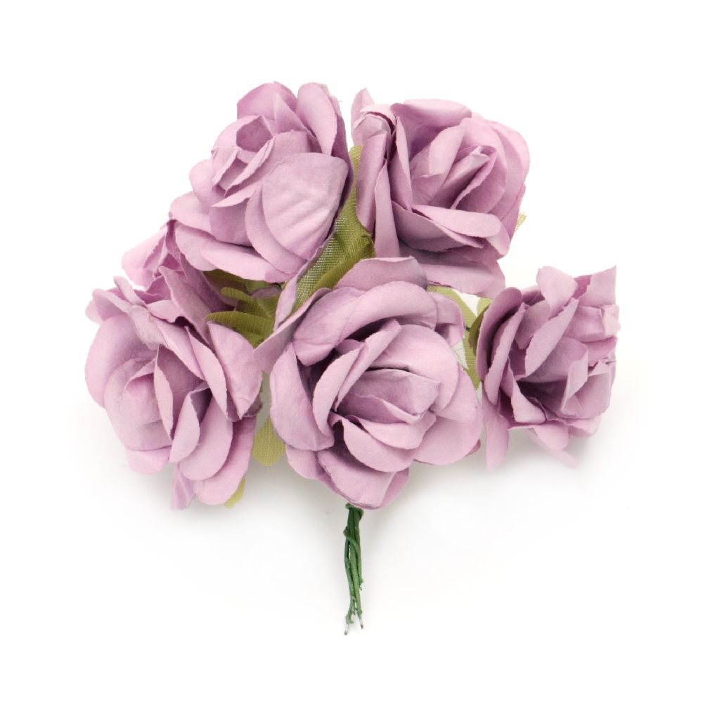 Bouquet of paper  Roses with wire stems for decoration 40x80 mm light purple - 6 pieces