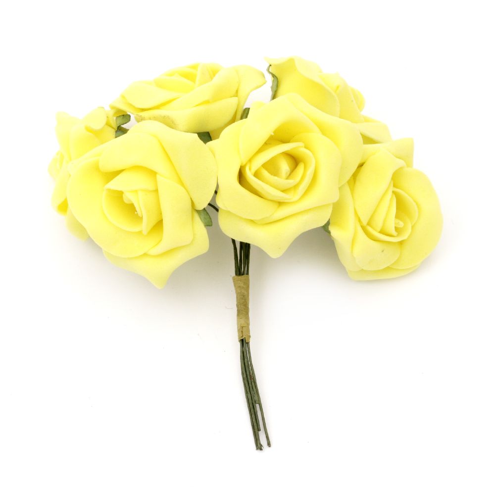 Букет гумирани рози цвят жълт 35~40x115 мм -6 броя