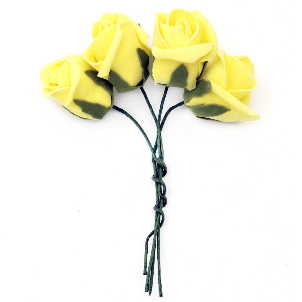 EVA Foam Rose Bouquet Artificial  40x45 mm with Wire Stems 130 mm,  yellow - 4 pieces, DIY Arts, Wedding Decoration 