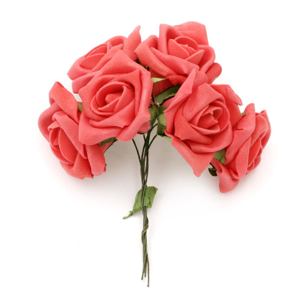 Букет гумирани рози цвят червен 35~40x115 мм -6 броя