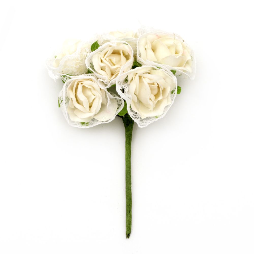 Букет рози от текстил и дантела цвят крем 30x115 мм -6 броя