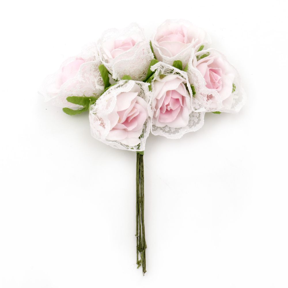 Букет рози от текстил и дантела цвят светло розов 30x115 мм -6 броя