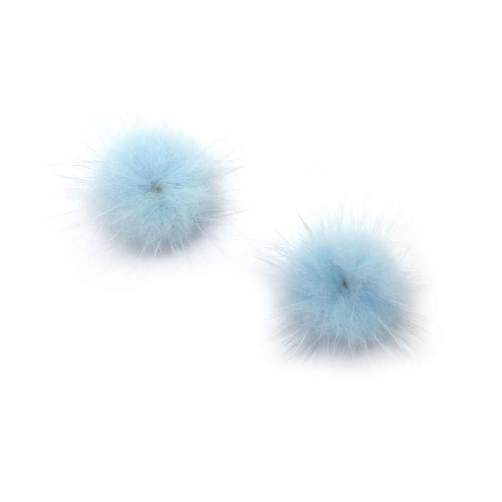 Real Fur Fluffy Pompoms, Natural Leather, for Decoration, 25 mm, Color: Blue - 2 pieces