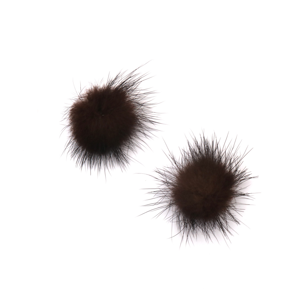 Real Fur Fluffy Pompoms, Natural Leather, for Decoration, 25 mm, Color: Plack - 2 pieces
