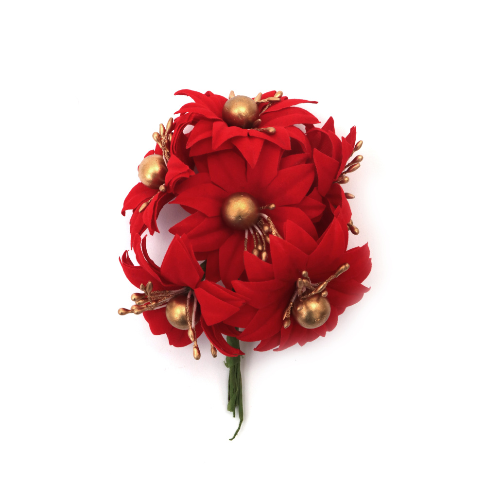Букет цветя от текстил с тичинки и перла 50x100 мм цвят червен и златен -6 броя