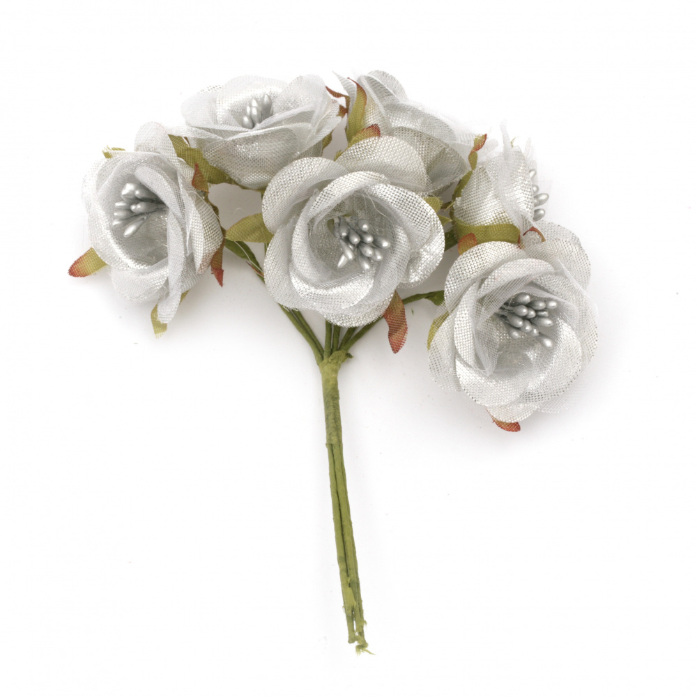 Textile bouquet  Flowers with stamens 40x120 mm color silver - 6 pieces
