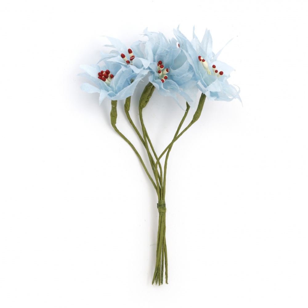 Textile bouquet  Flowers with stamens 45x110 mm color blue - 6 pieces