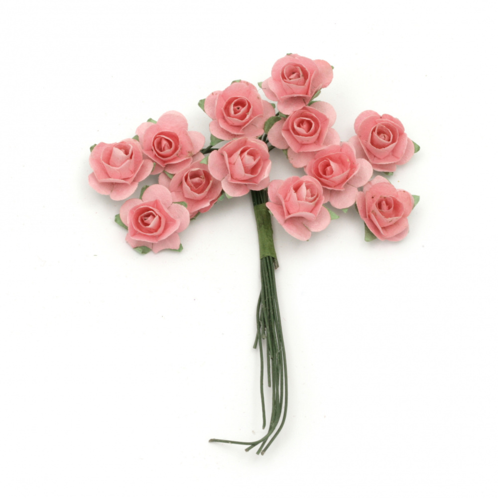 Bouquet of paper Roses with wire stems color pink - 12 pieces