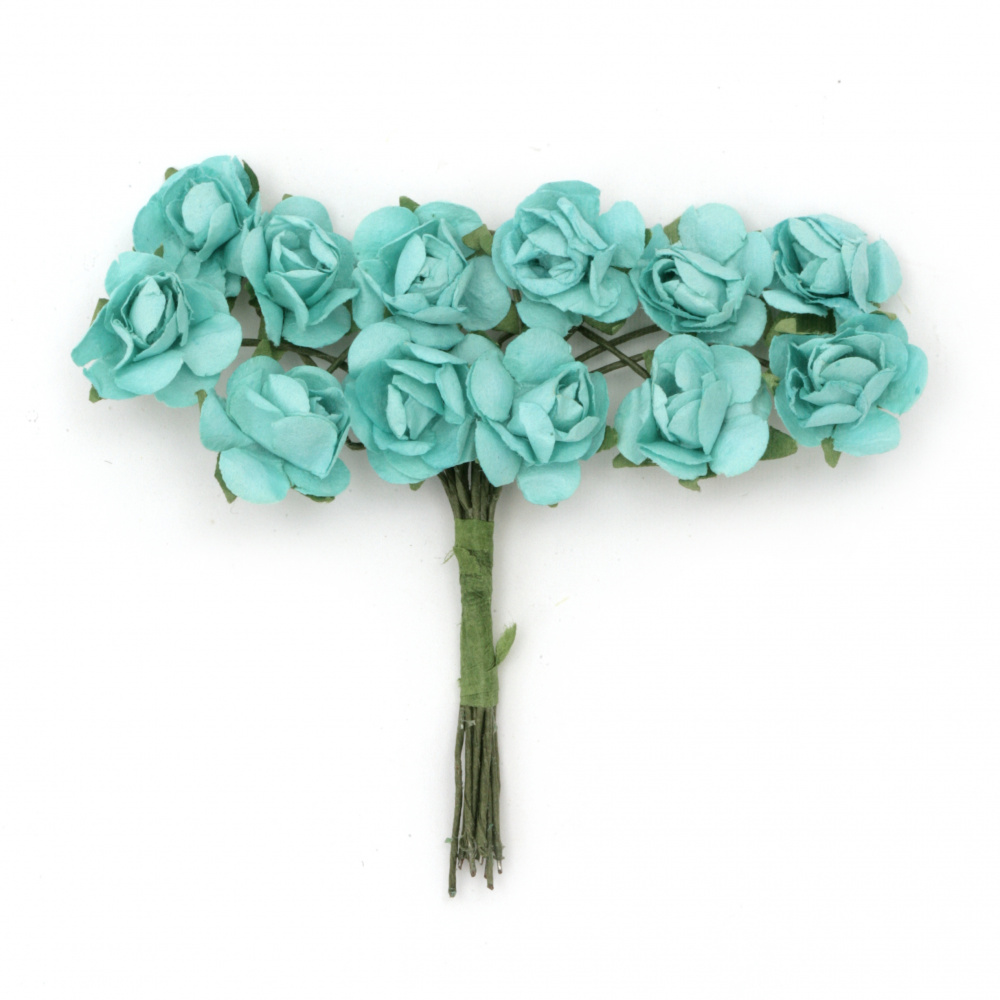 Buchet de trandafir de hârtie și sârmă de 18 mm culoare turcoaz -12 bucăți