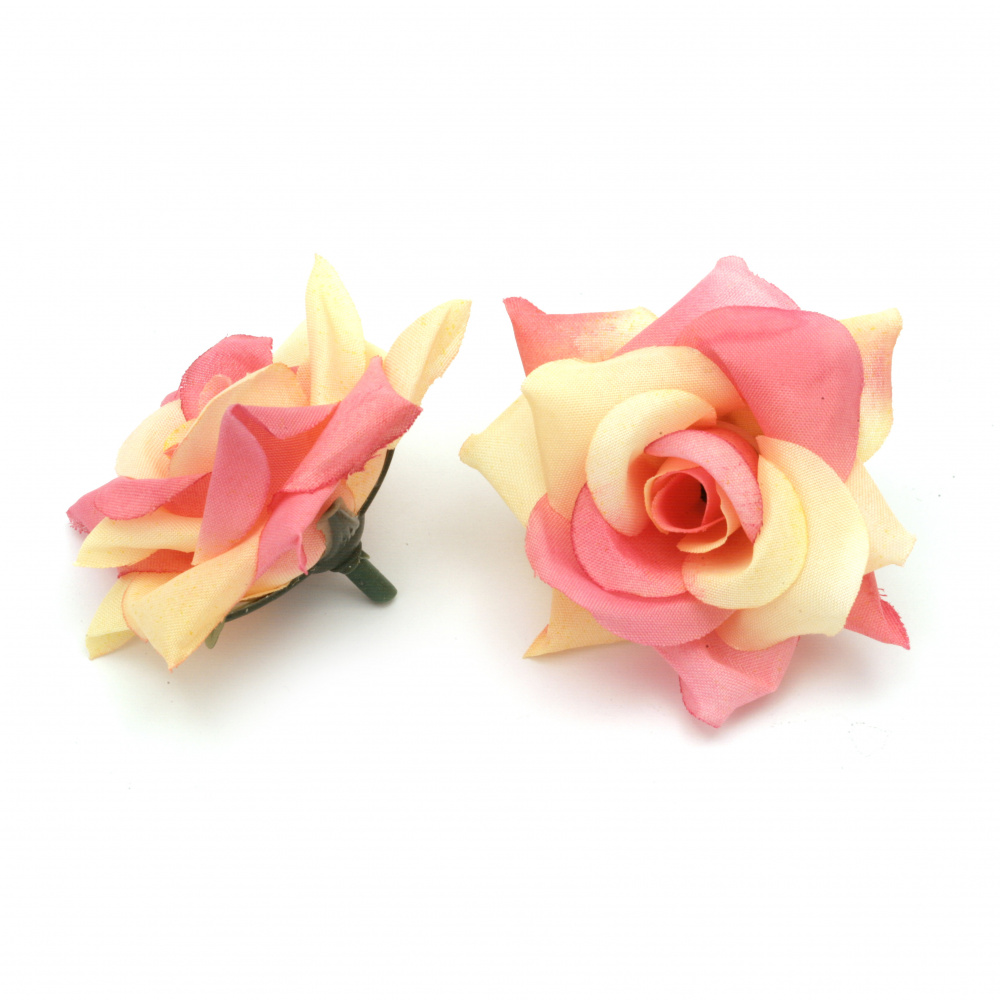 Flower Rose from Textile 55 mm with stump for installation, color cream with pink - 5 pieces