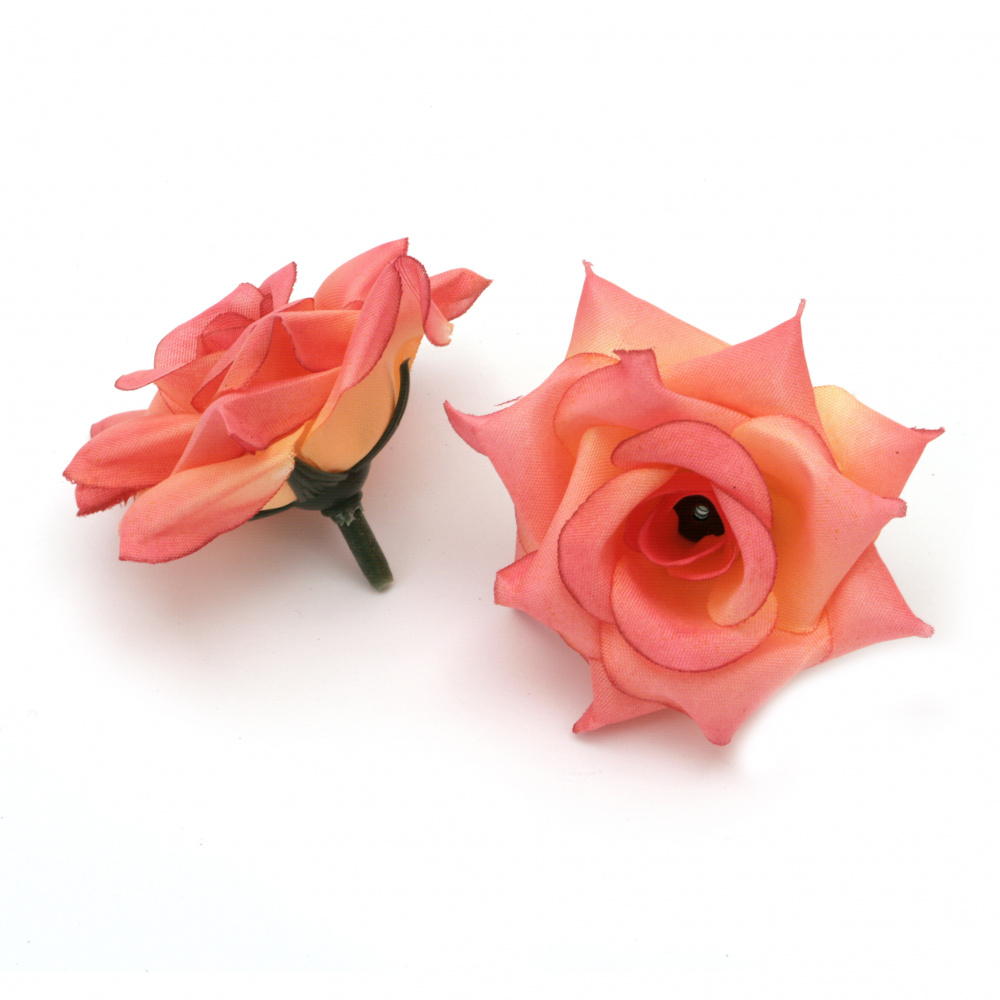 Flower Rose from Textile 55 mm with stump for installation, color peach with pink melange - 5 pieces