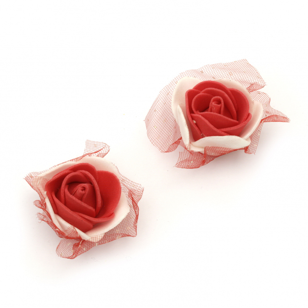 Гумирани рози с органза цвят червено и бяло 35 мм -10 броя
