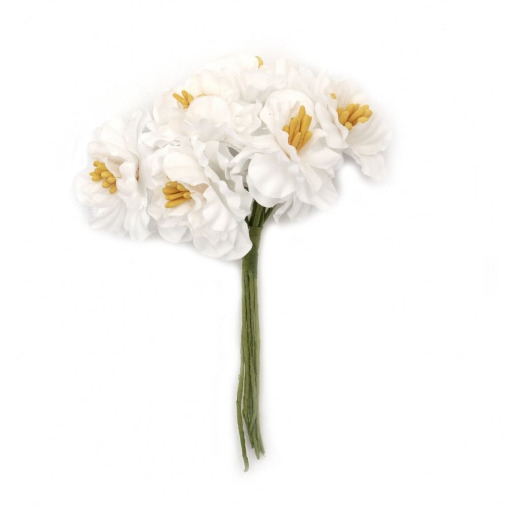 Bouquet of White Textile Flowers with Yellow Stamens 40x110 mm - 6 pieces
