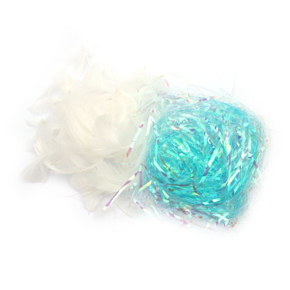 Set of Blue Decorative Foil Strips: 15 grams and White Feathers: 3 grams
