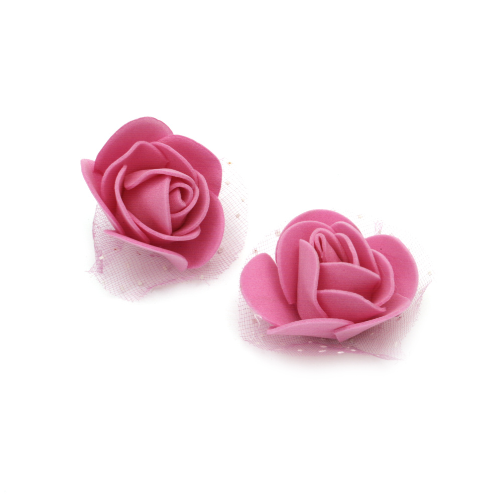 Rubber Roses with Organza, color dark pink 35 mm - 10 pieces