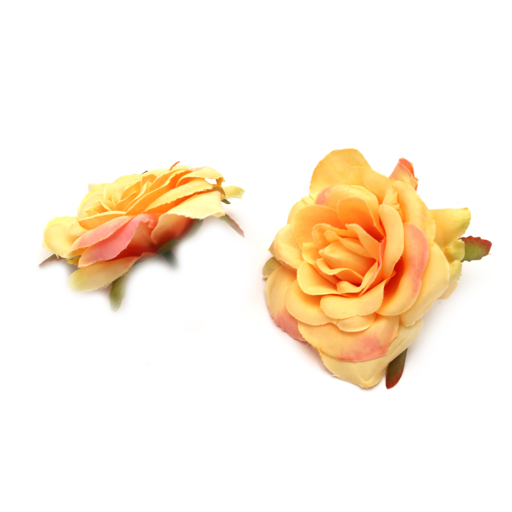Textile Rose Flower 70 mm with stump for installation, color melange melange cream, pink - 2 pieces