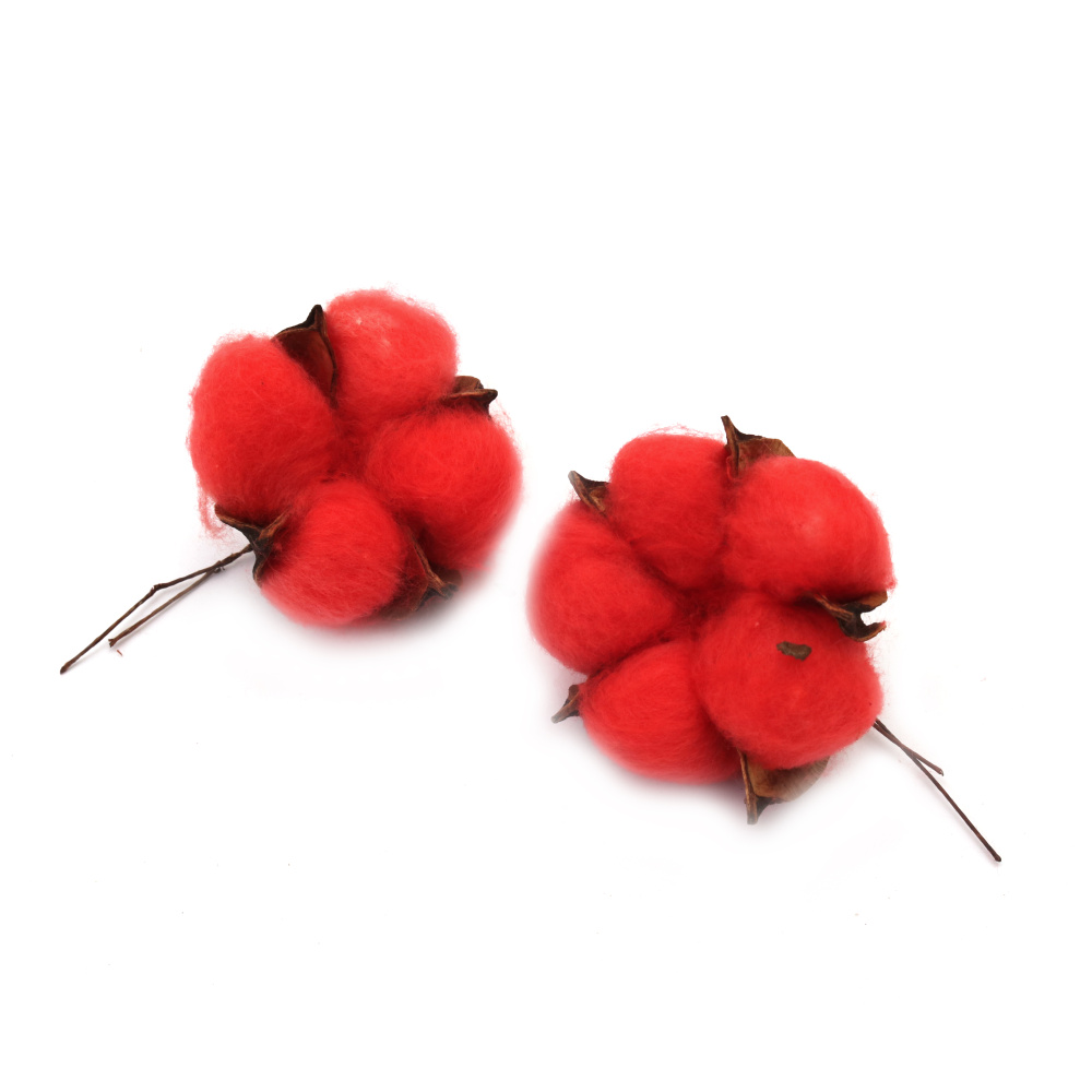 Cotton Flower with Wire Base / 60x30 mm / Red - 4 pieces