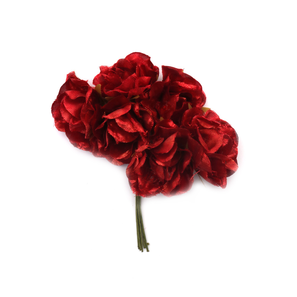 Роза букет текстил 40x110 мм цвят червен -6 броя