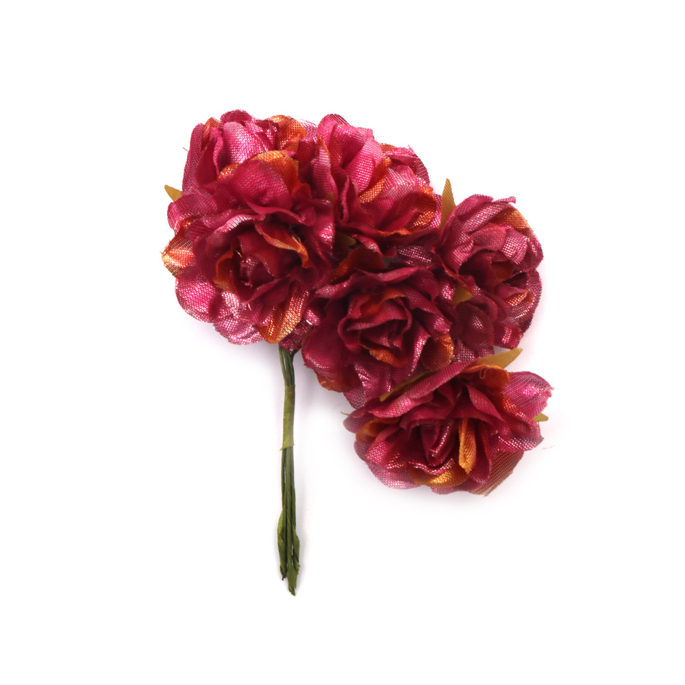 Роза букет текстил 40x110 мм цвят меланж розов, жълт -6 броя