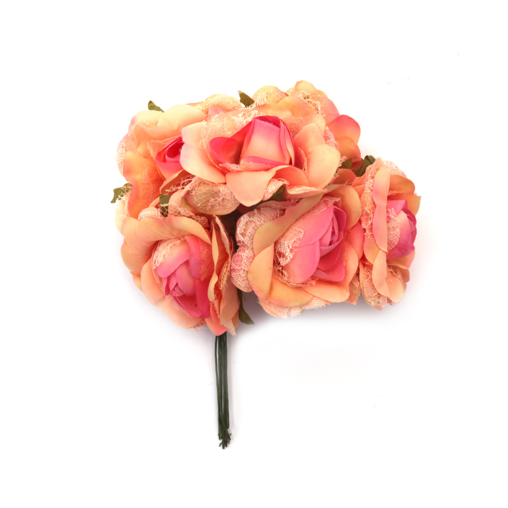 Textile and Lace Rose Bouquet,   60x140 mm, Peach and Pink Melange - 6 pieces