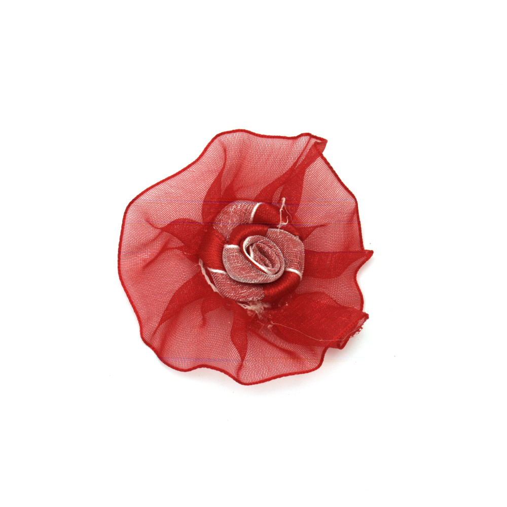 Roses for Decoration - satin and organza, color red and white, 50 mm -10 pieces