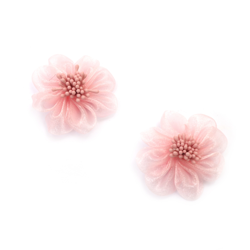 Цвете органза с тичинки 50 мм цвят розов -2 броя