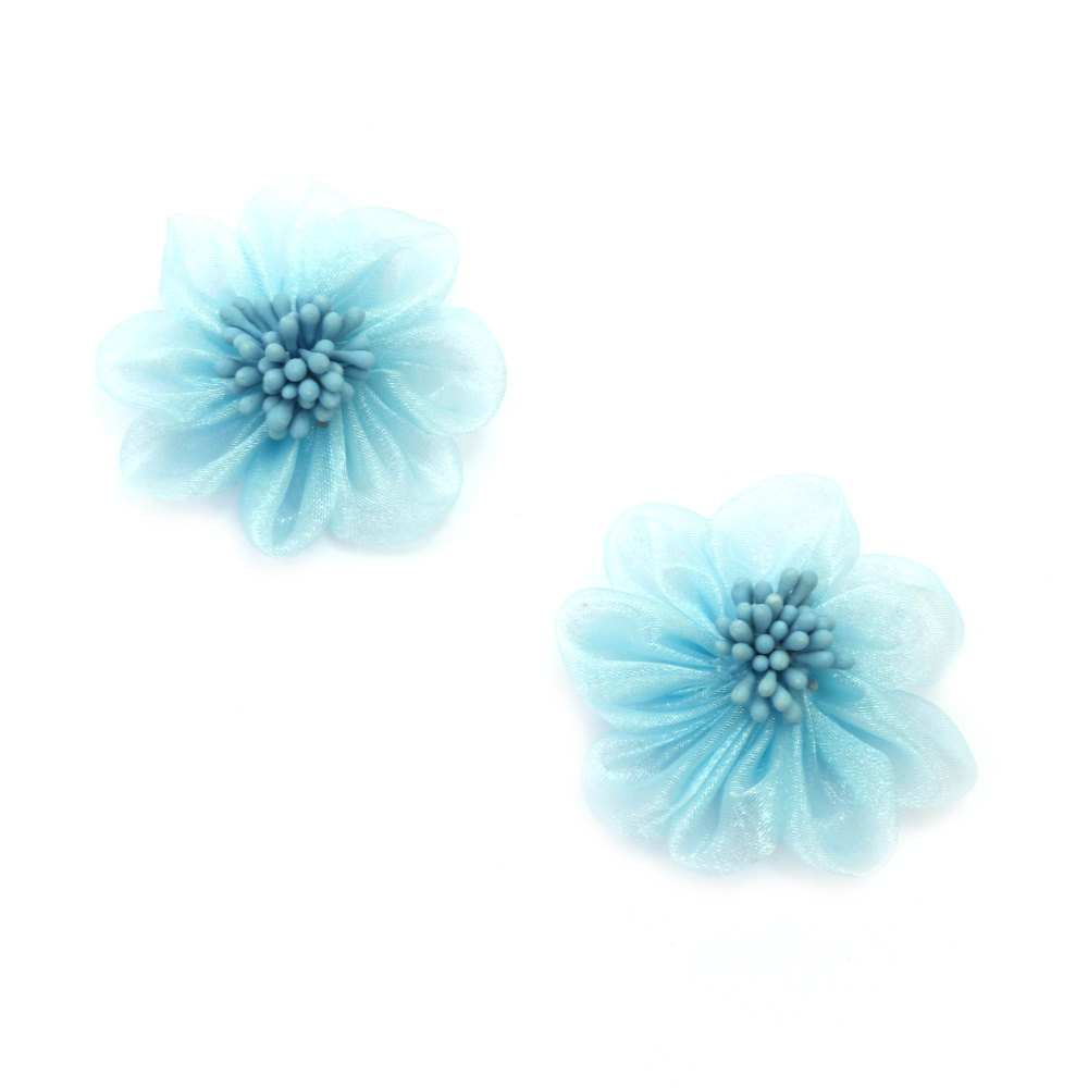 Floare din organza cu stamine 50 mm culoare albastru deschis - 2 bucati