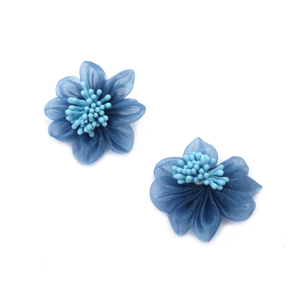 Floare din organza cu stamine 50 mm culoare albastru - 2 buc