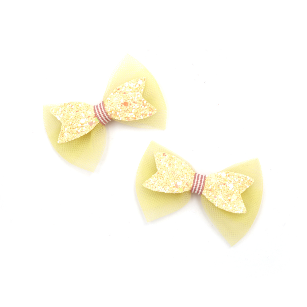 Decorative Bow: Textile, Tulle and Glitter Powder / 70x45 mm / Yellow - 2 pieces
