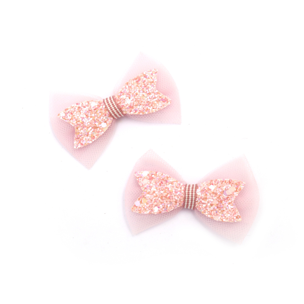 Decorative Bow: Textile, Tulle and Glitter Powder / 70x45 mm / Light Pink - 2 pieces