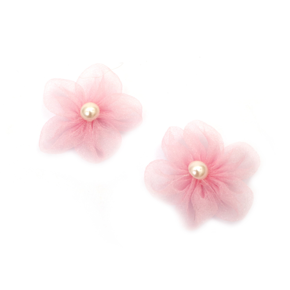 Floare din organza cu perla 55 mm culoare roz deschis - 4 bucati