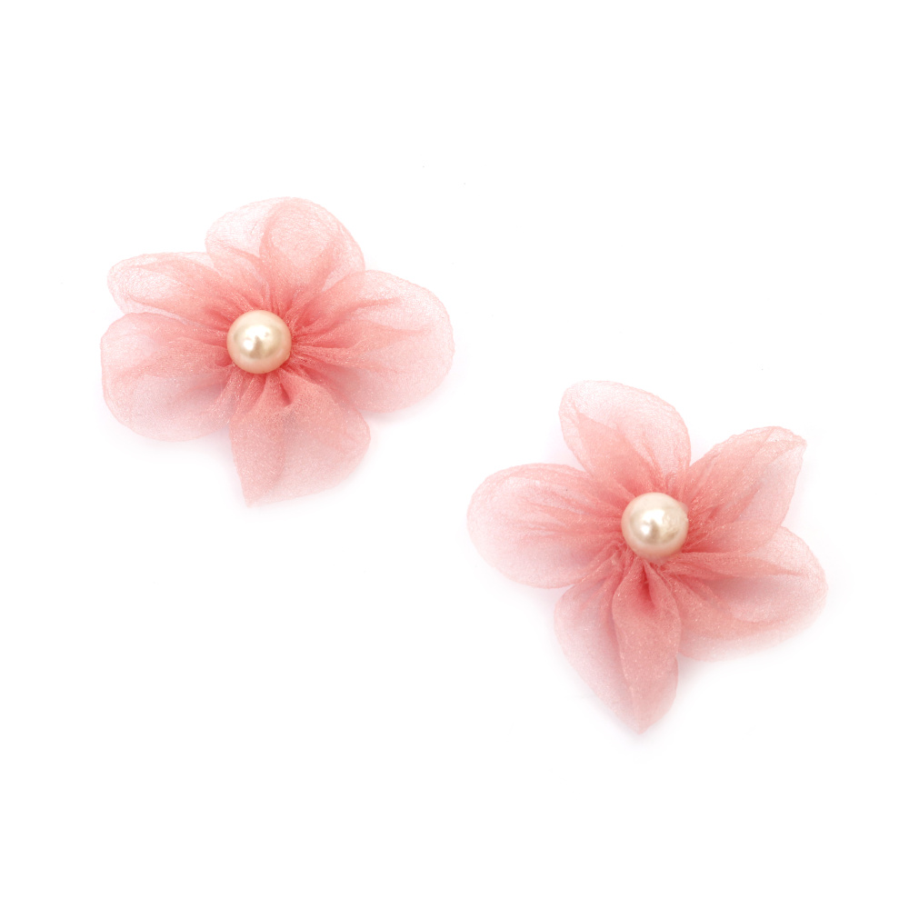 Цвете органза с перла 55 мм цвят розов -4 броя 