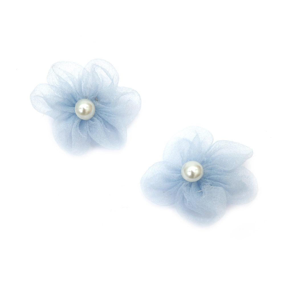 Floare din organza cu perla 55 mm culoare albastru deschis - 4 bucati