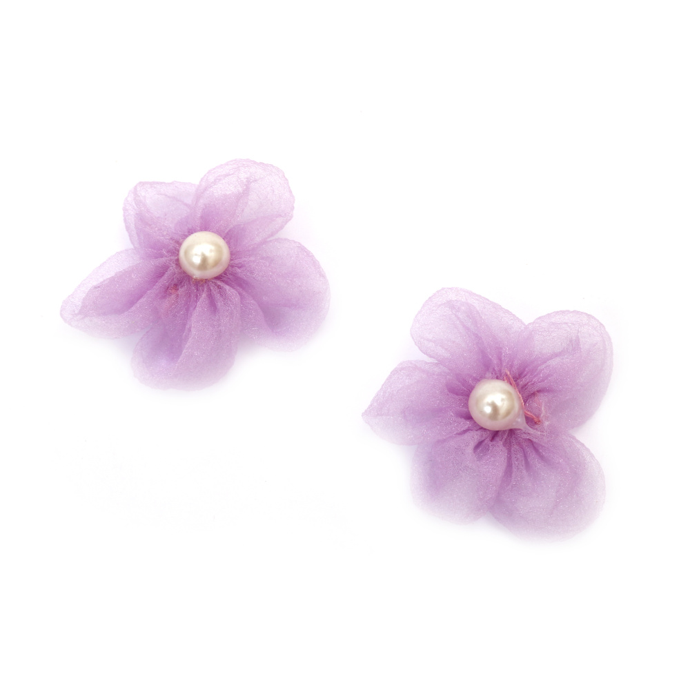 Цвете органза с перла 55 мм цвят лилав -4 броя 