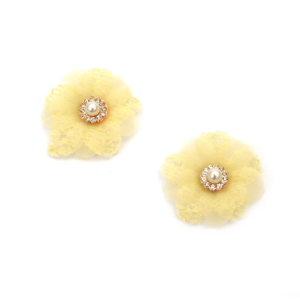 Цвете дантела и органза с перла и кристали 45 мм цвят жълт -2 броя 
