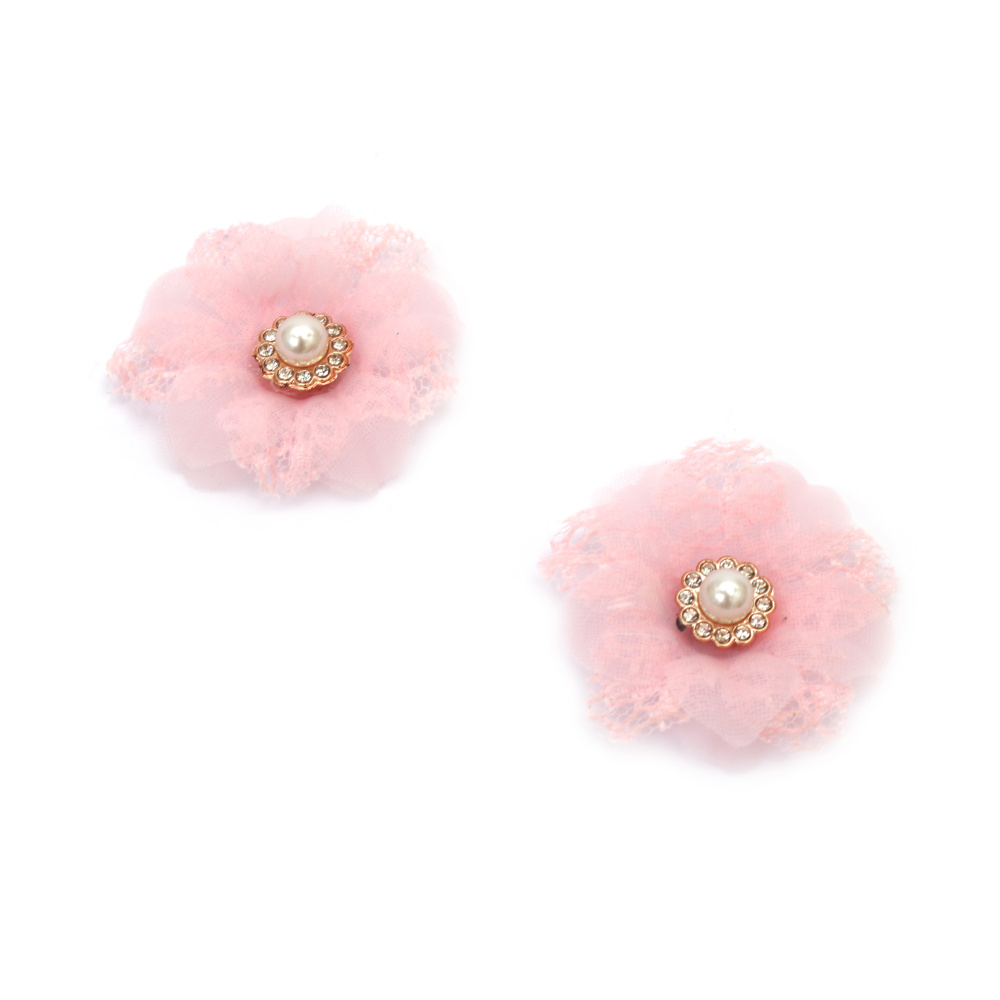 Decorative Flower - Lace and Organza with Pearl and Crystals / 45 mm / Light Pink - 2 pieces