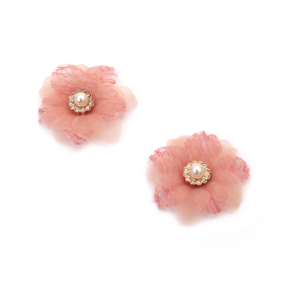 Dantela flori si organza cu perla si cristale 45 mm culoare roz - 2 bucati