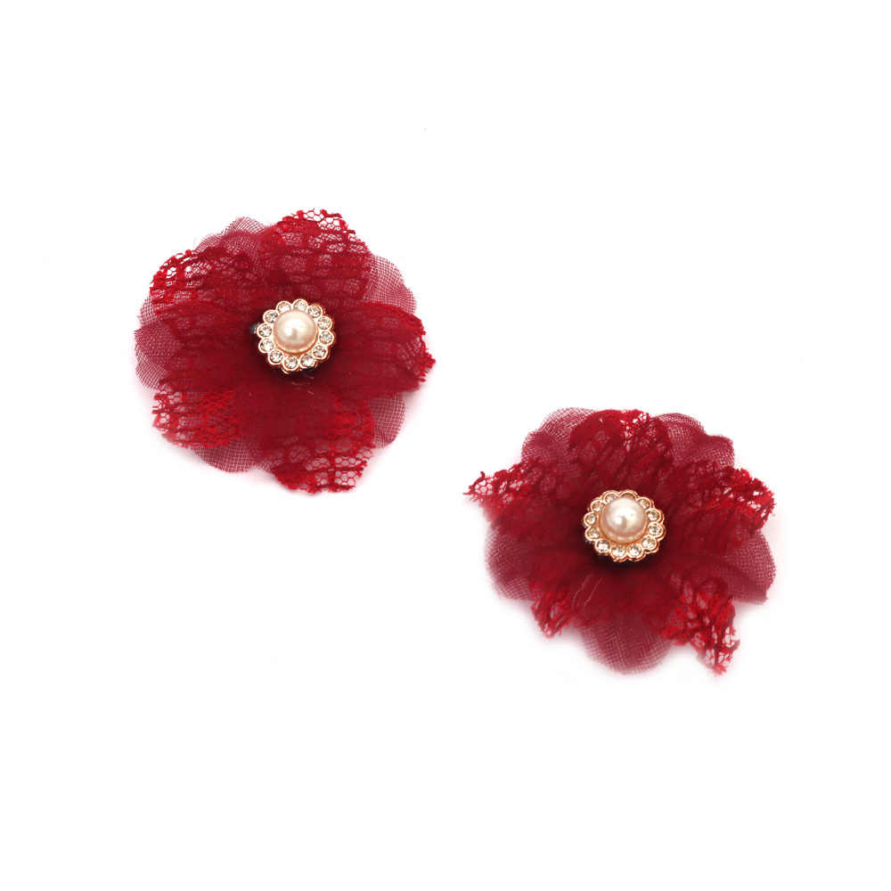 Decorative Flower - Lace and Organza with Pearl and Crystals / 45 mm / Burgundy Color - 2 pieces