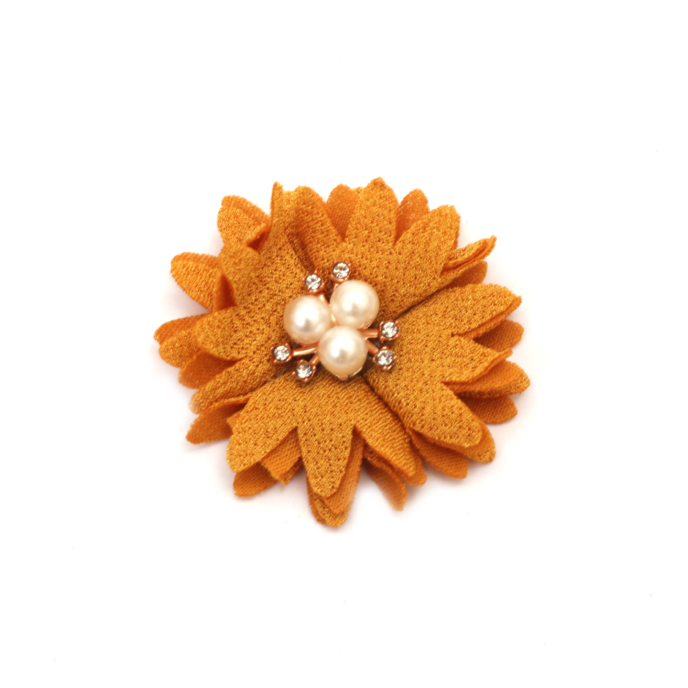 Textil flori cu perle si cristale 60 mm culoare galben inchis - 2 bucati