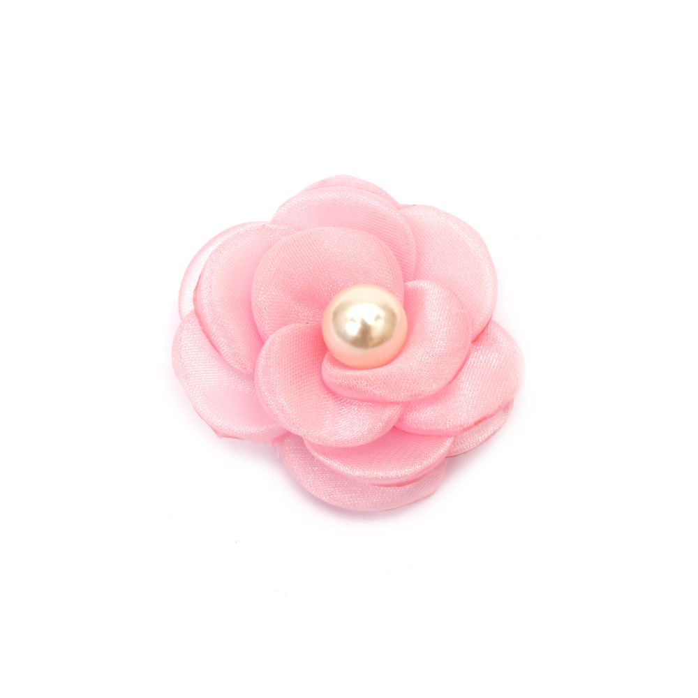Роза органза с перла 55 мм цвят розов -2 броя 