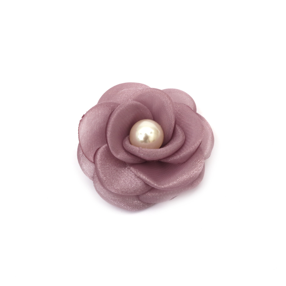 Роза органза с перла 55 мм цвят пастелно виолетово -2 броя 